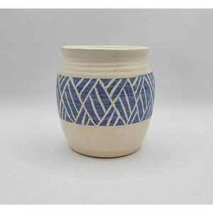 Studio Pottery Blue & White Geometric Pattern Signed 4" Ceramic Crock Pot Vase